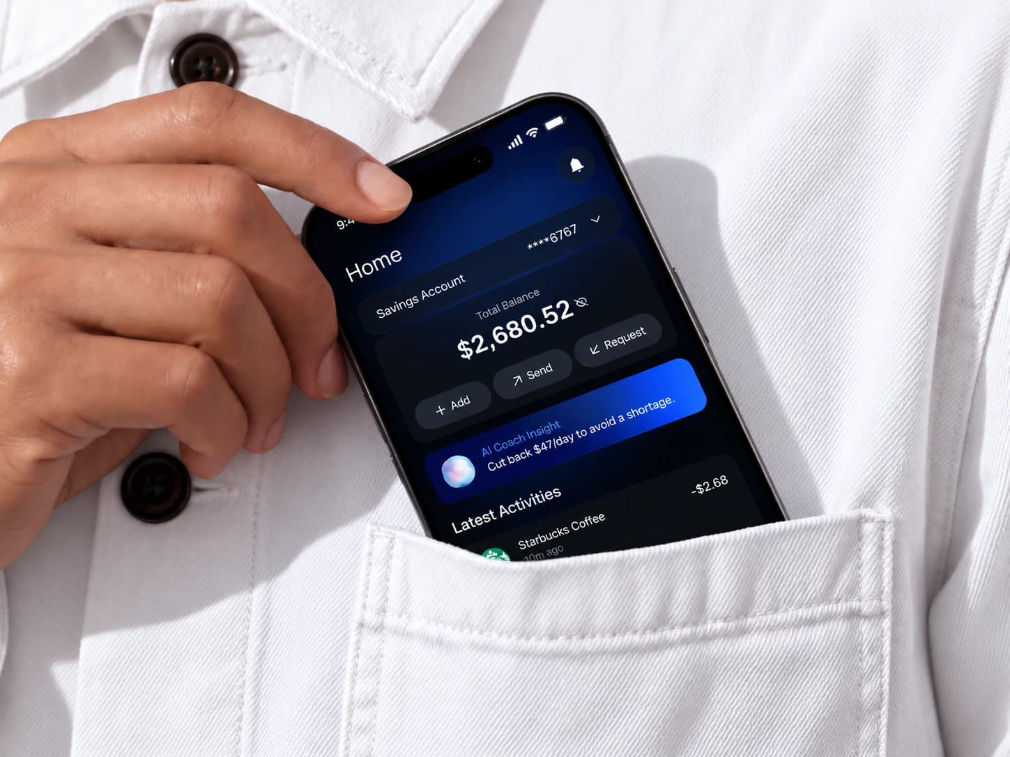 Money OS: Annotated AI financial coach design with prioritized actions, savings amounts, and a conversational input.