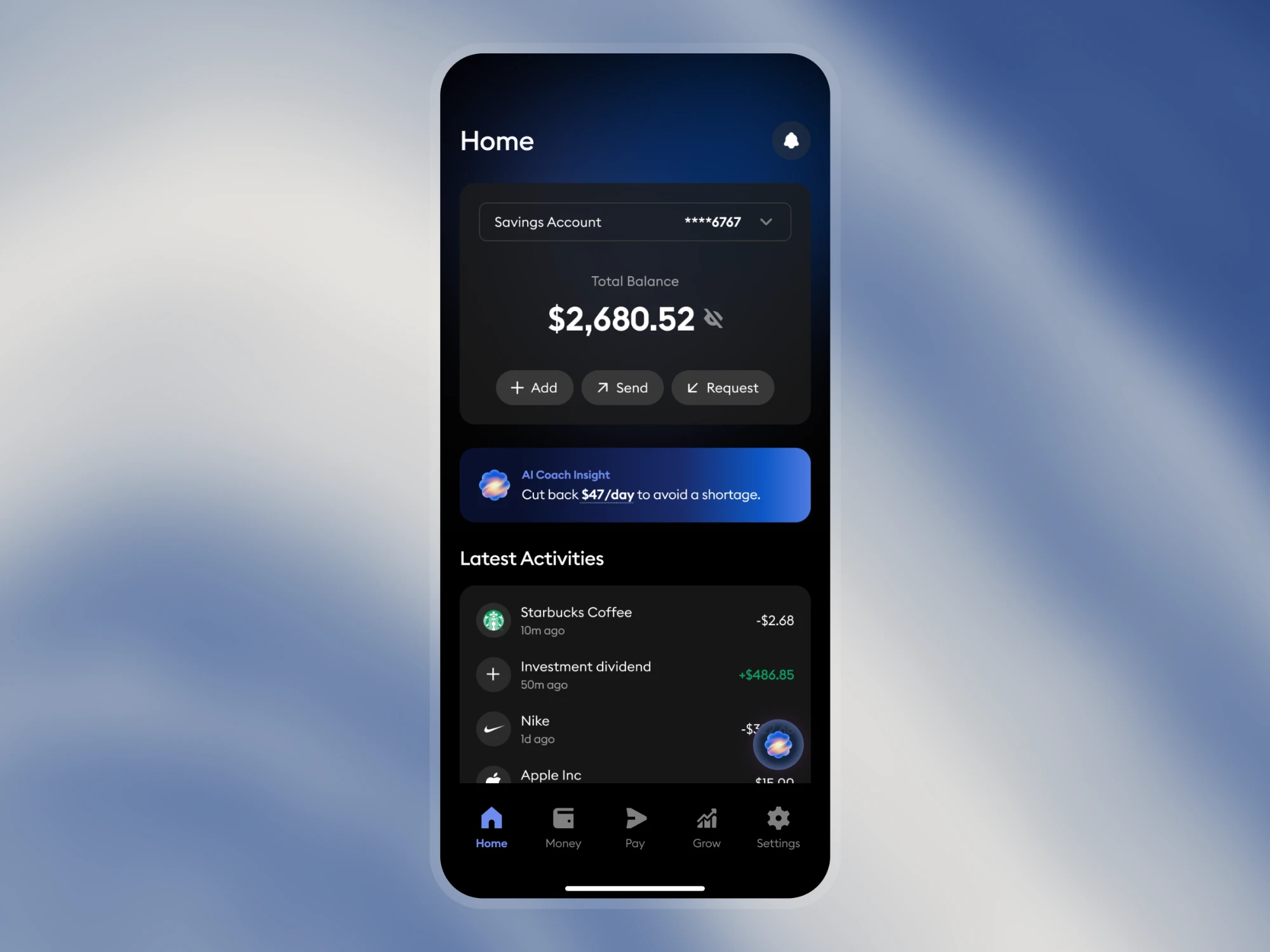 Money OS: A dark phone on soft blue showing the home screen: total balance, an AI Coach insight to cut back $47 a day, and recent activity.