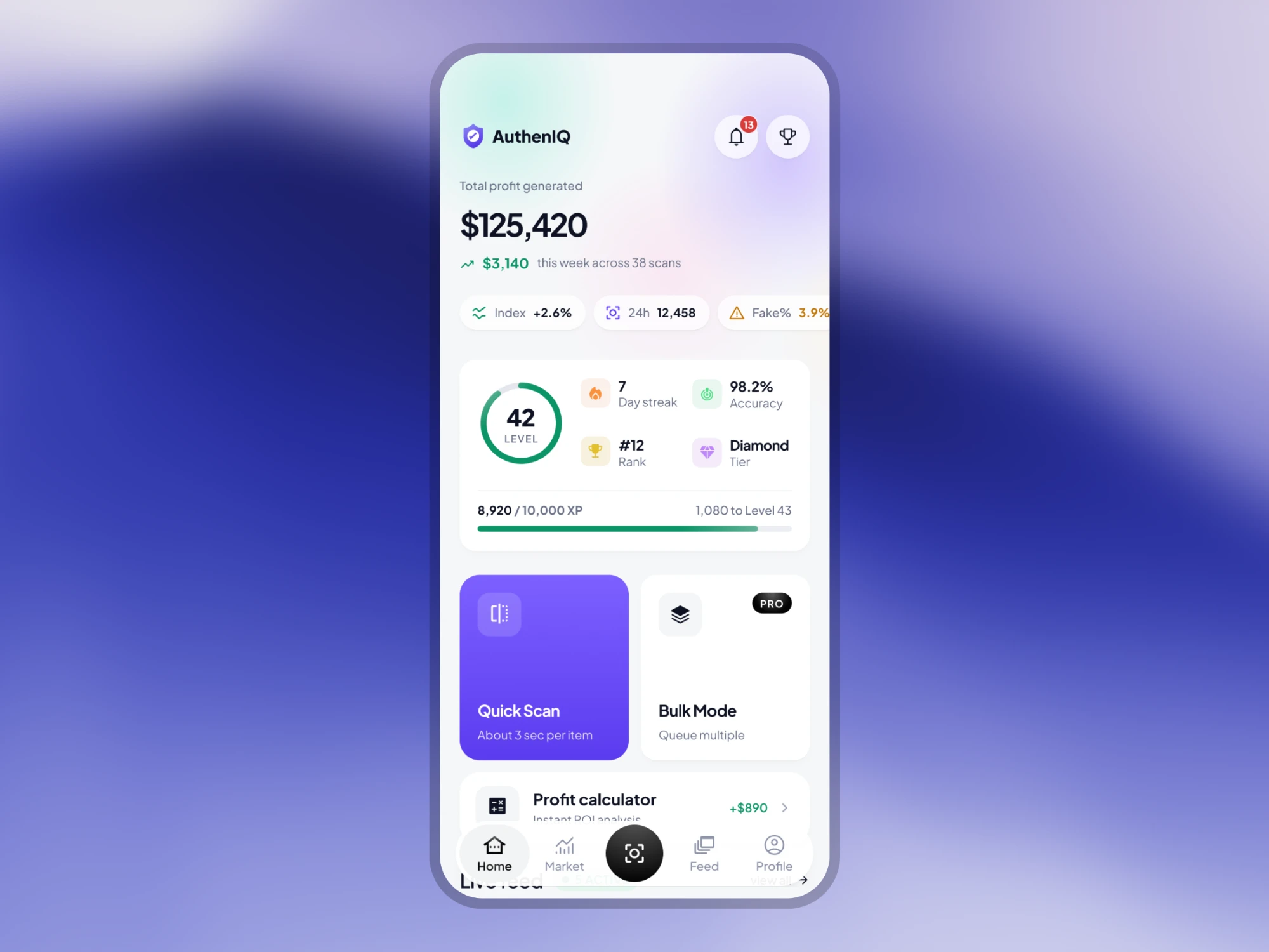 AuthenIQ: A phone on lavender showing the home dashboard: total profit, level and streak, Quick Scan and Bulk Mode.