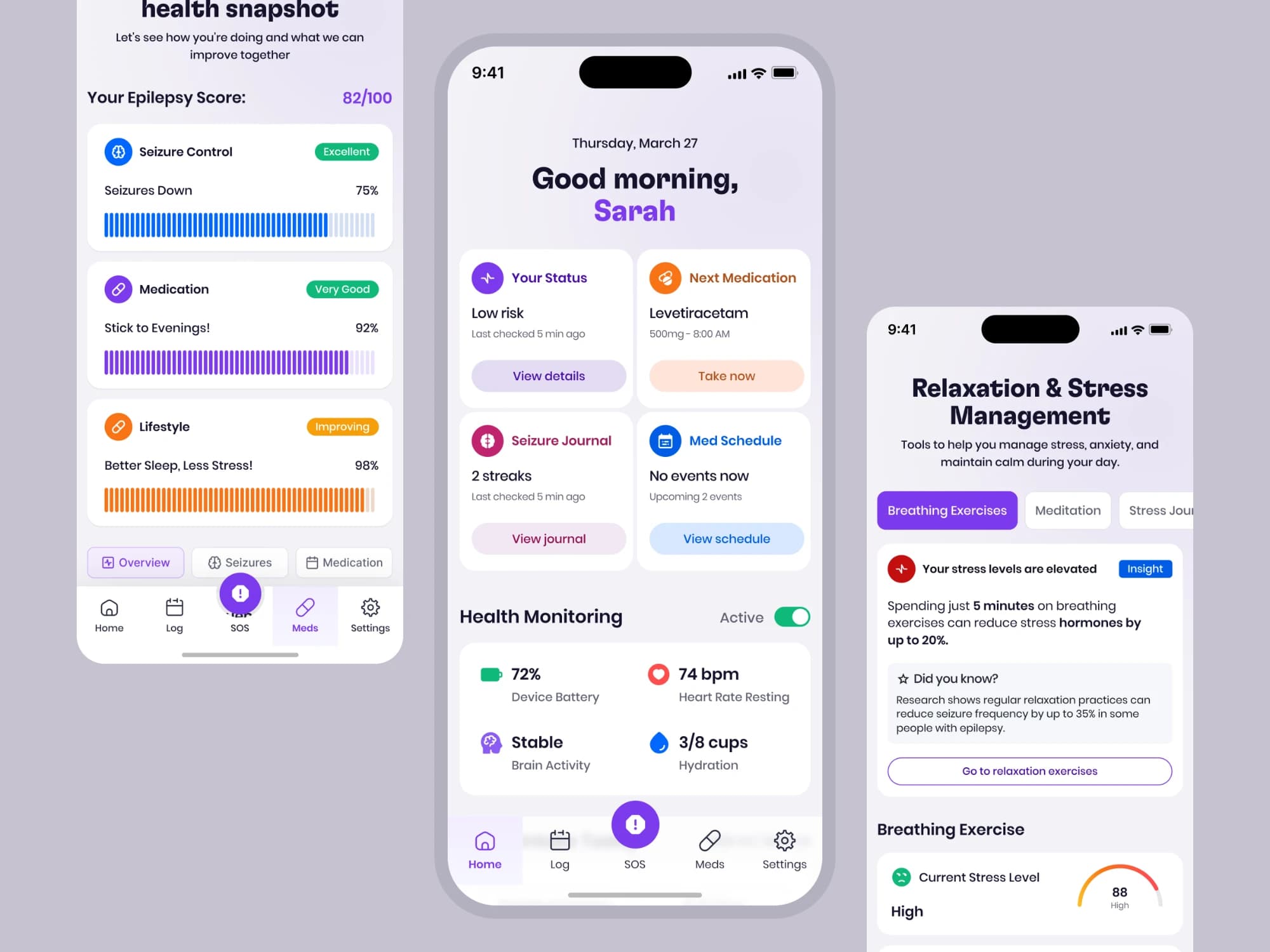 Overwatch: Three phone screens on cool grey: the epilepsy health snapshot with score and progress bars, the home screen with status, next medication and health monitoring, and the relaxation and stress tools.