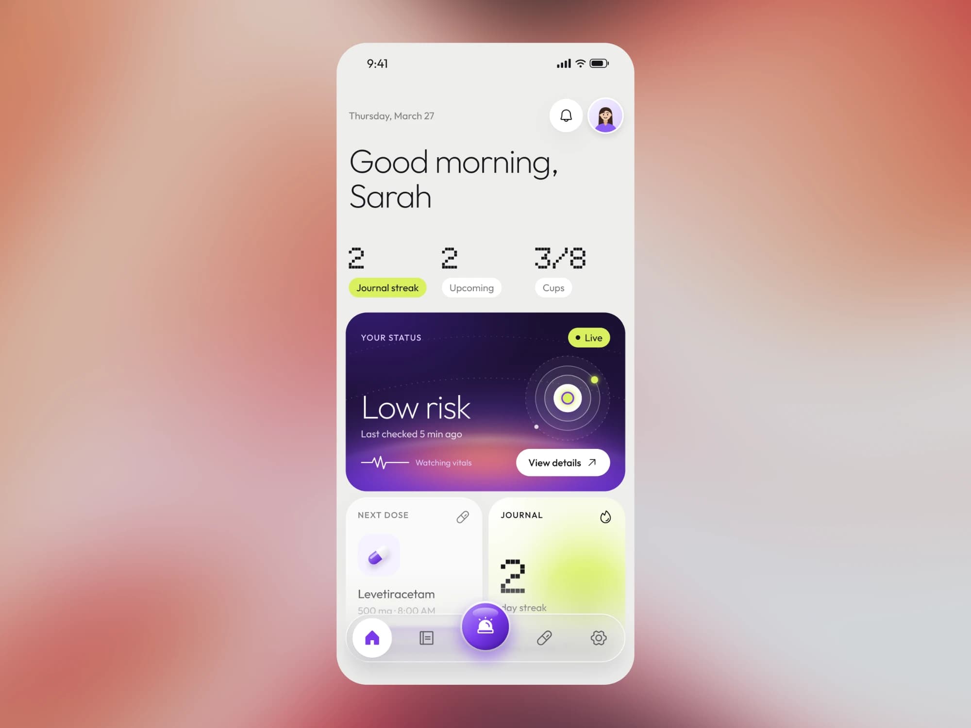 Overwatch: The redesigned home screen on a soft coral and rose blur, with a live low-risk status card and the glass tab bar.