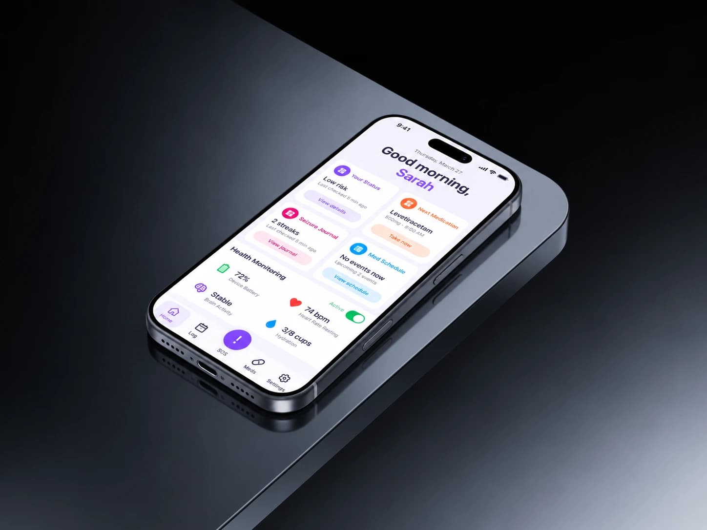 Overwatch: Original mobile designs showing daily routines, health status, medications, and caregiver support.