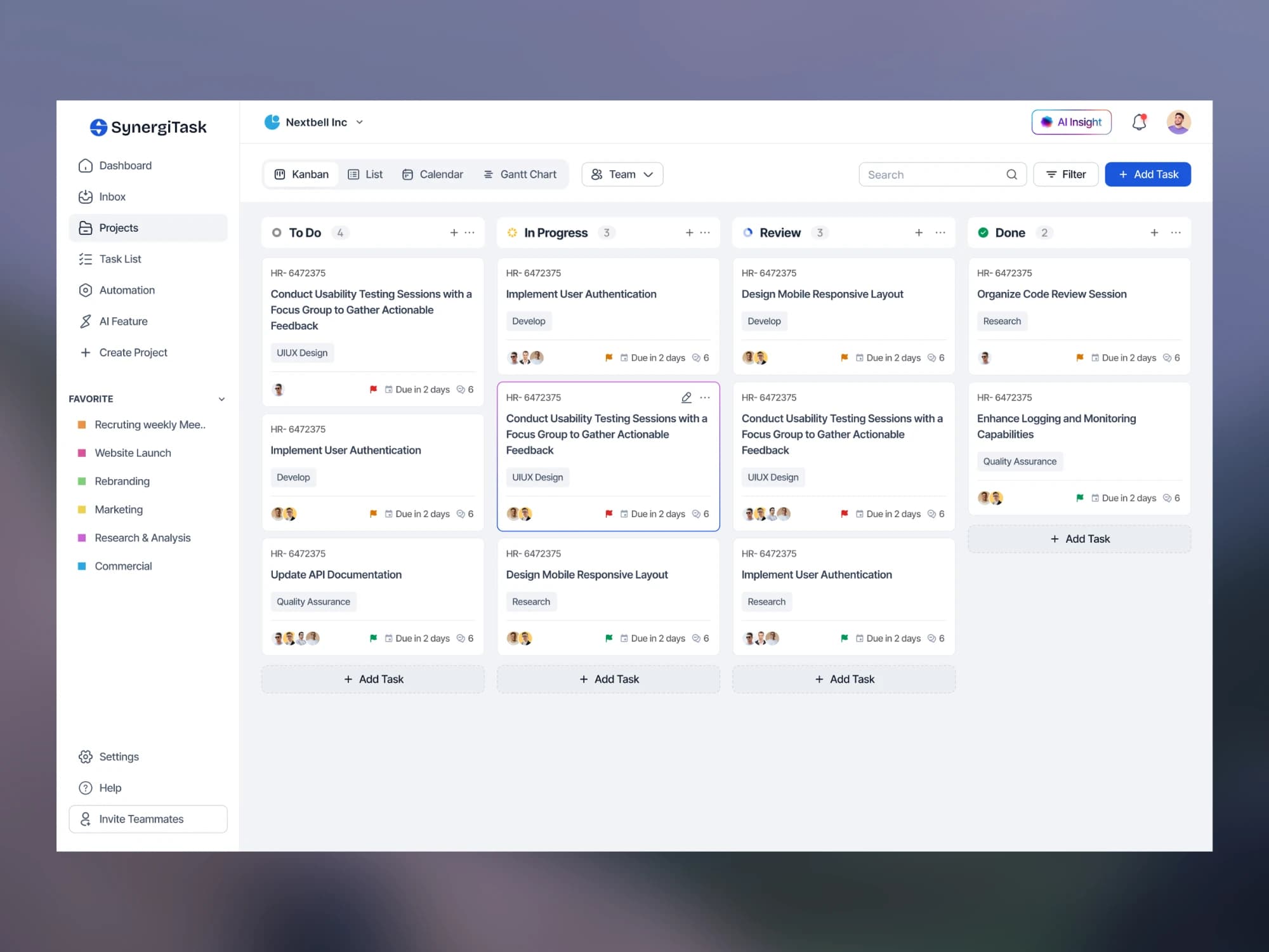 SynergiTask: The project board in Kanban view: To Do, In Progress, Review and Done columns of task cards with tags, assignees and due dates, plus an AI Insight button.