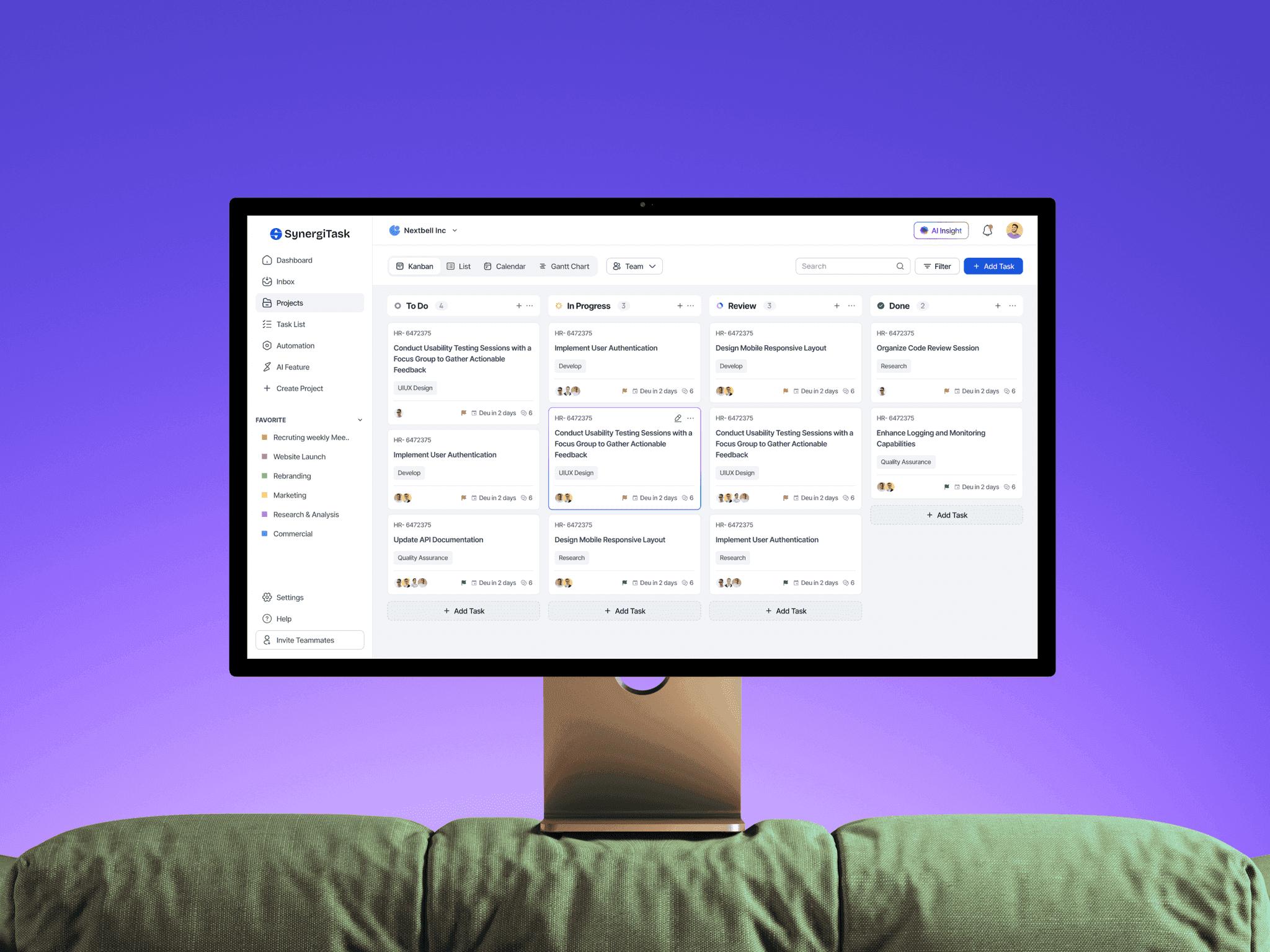 SynergiTask: Original annotated task-detail design with status, assignees, due date, time tracking, subtasks, and comments.
