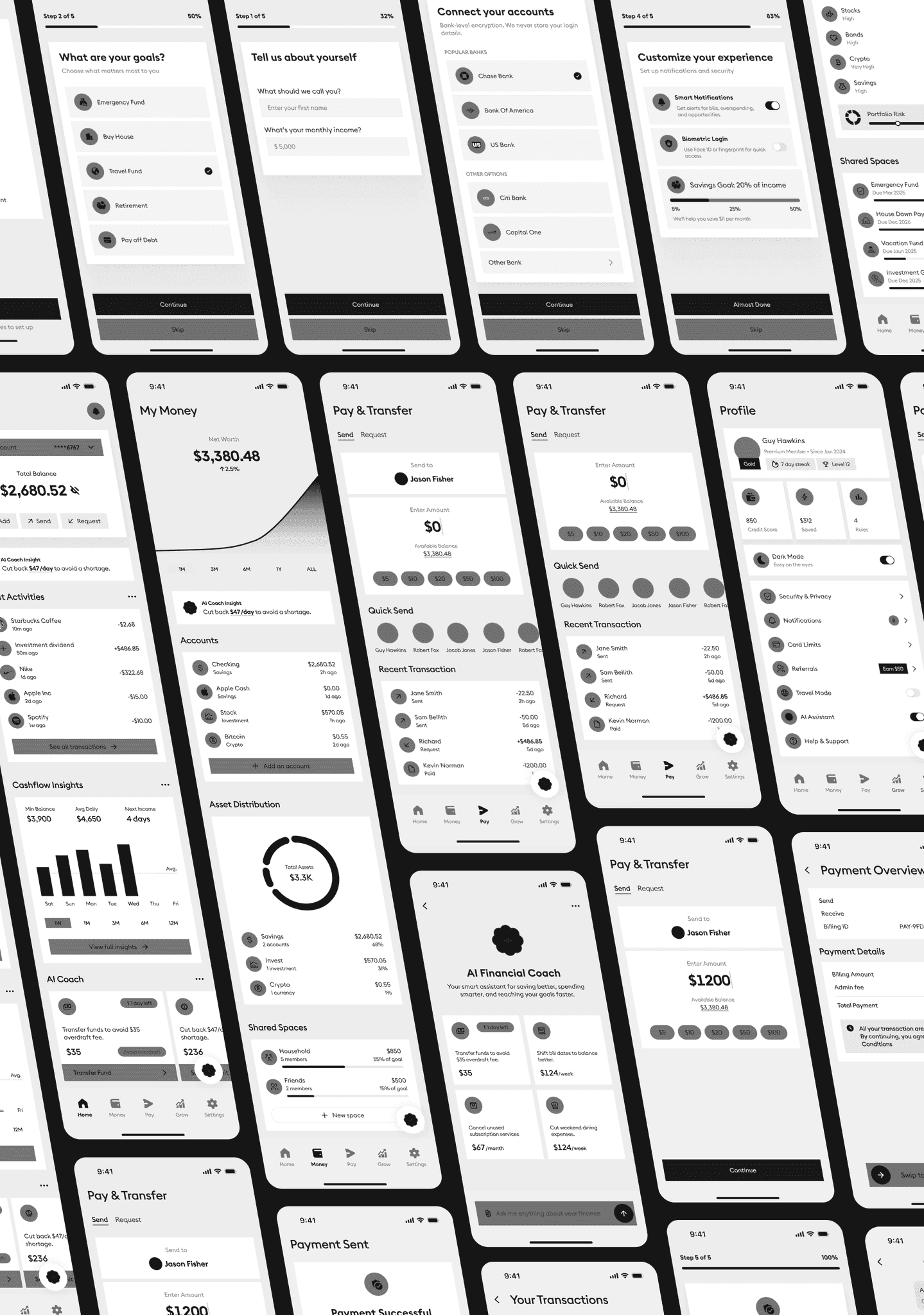 Wireframes for welcome, goals, bank linking, preferences, pay, budget, and saving.