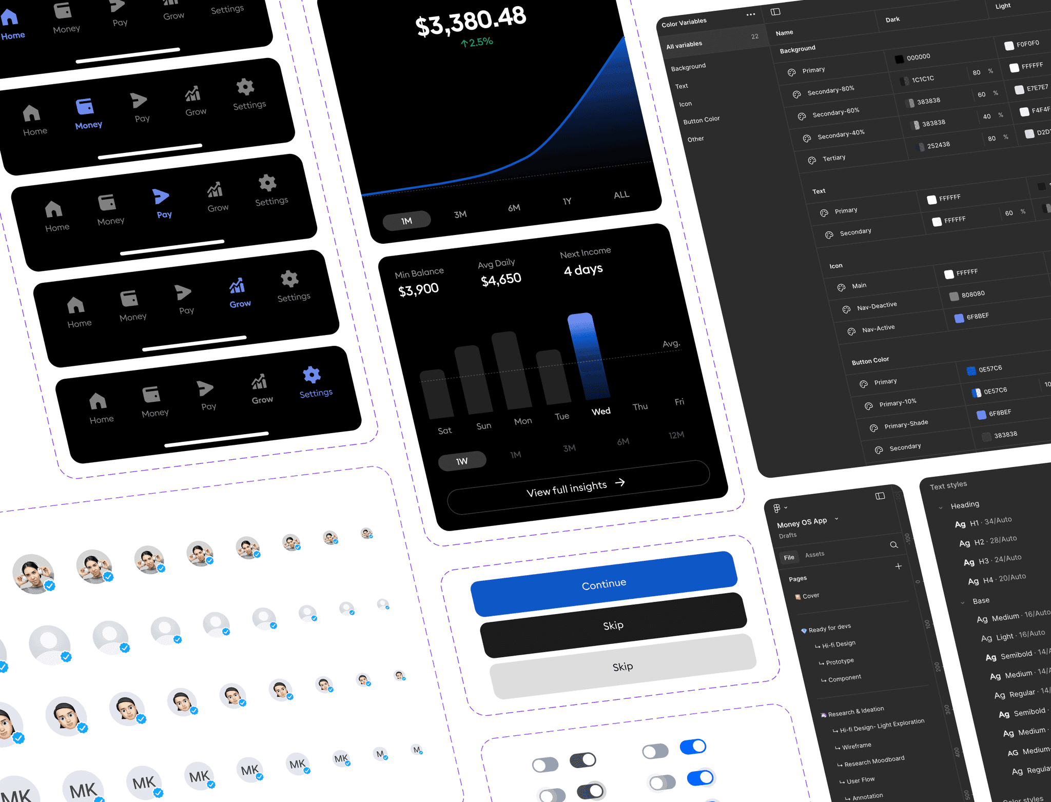Design system tokens and components in light and dark mode.