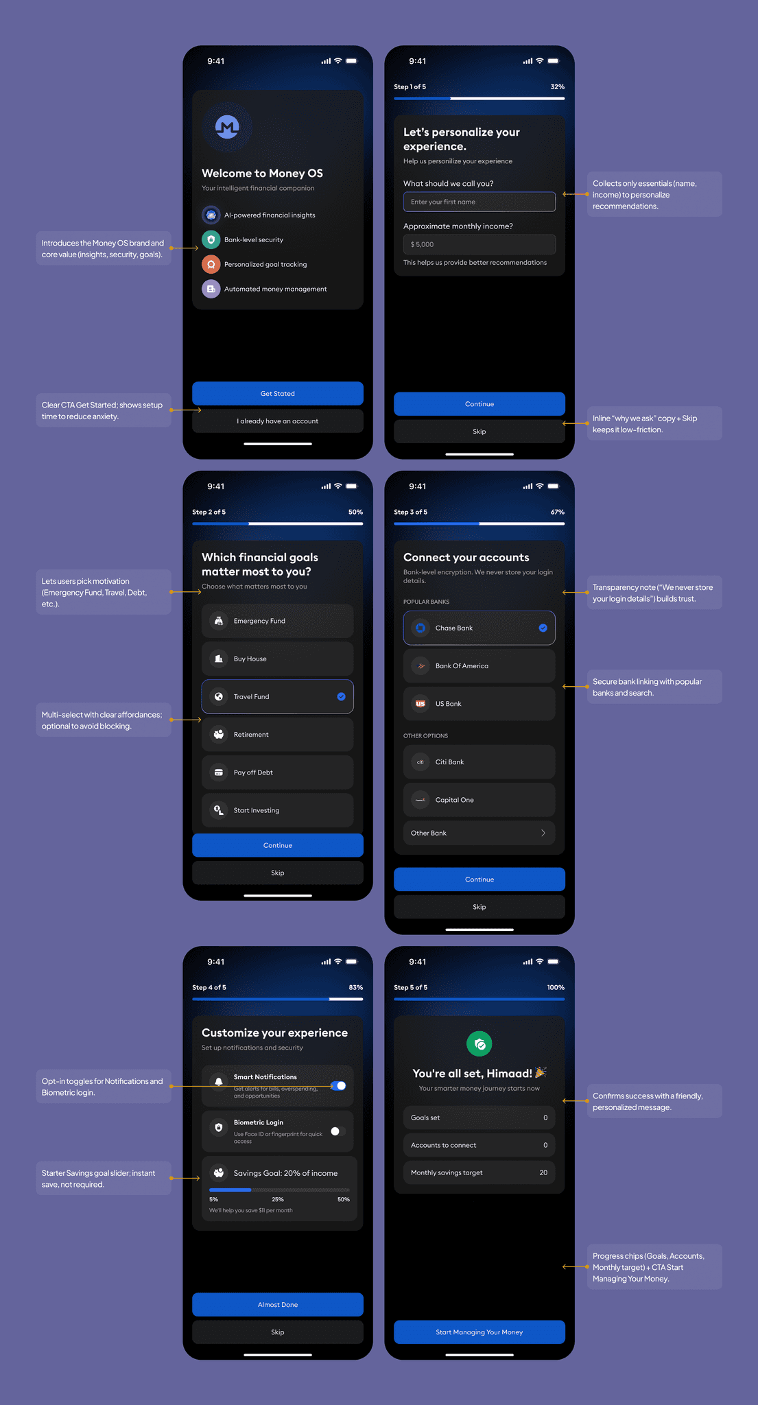 Onboarding screens with progress, plain-language consent, and optional biometrics.