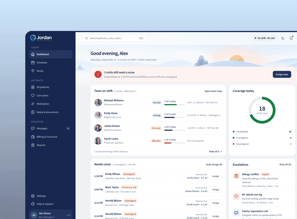 The nurse dashboard on desktop.