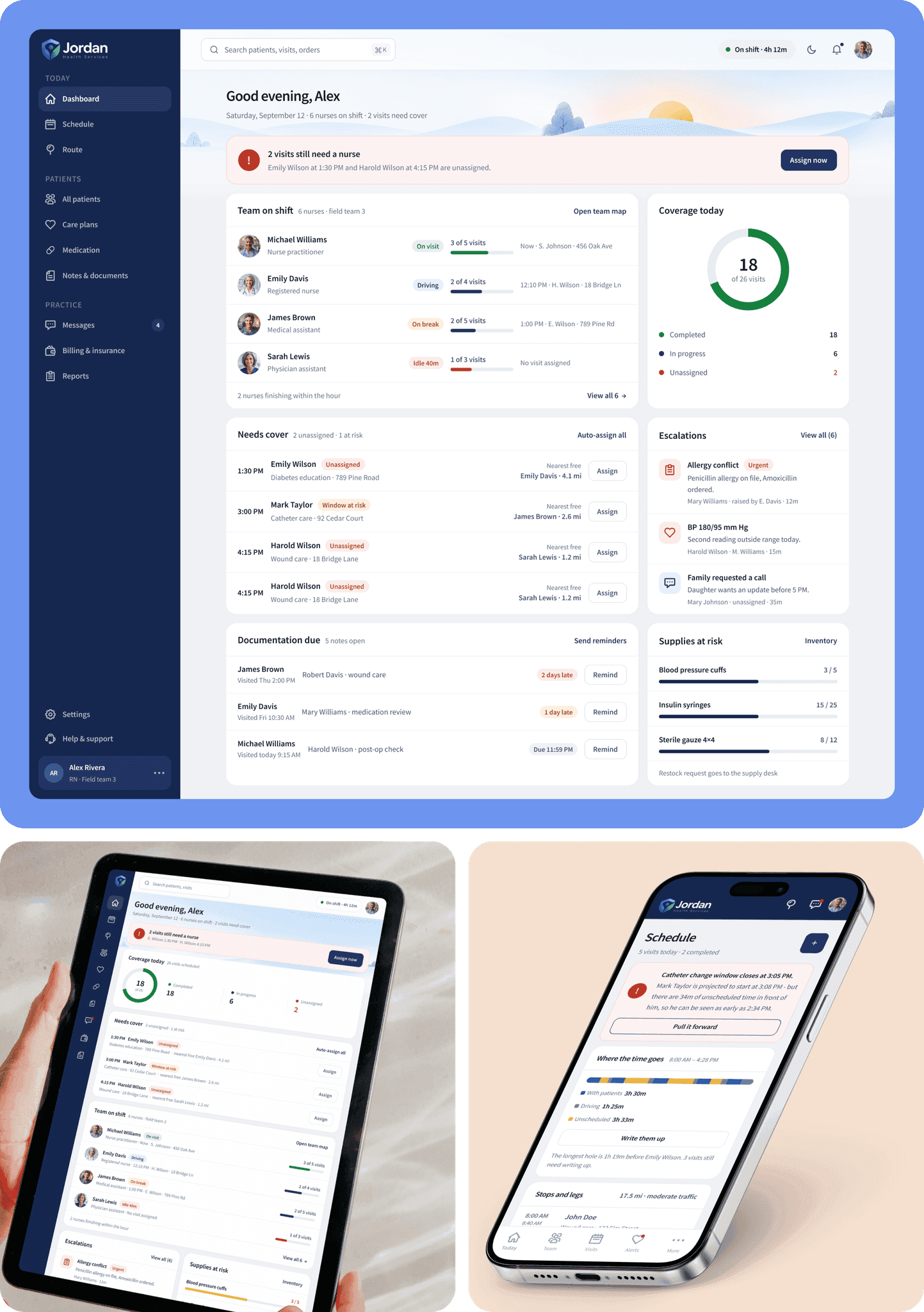 The nurse dashboard with today’s visits, route, patient alerts, and medication tracking.