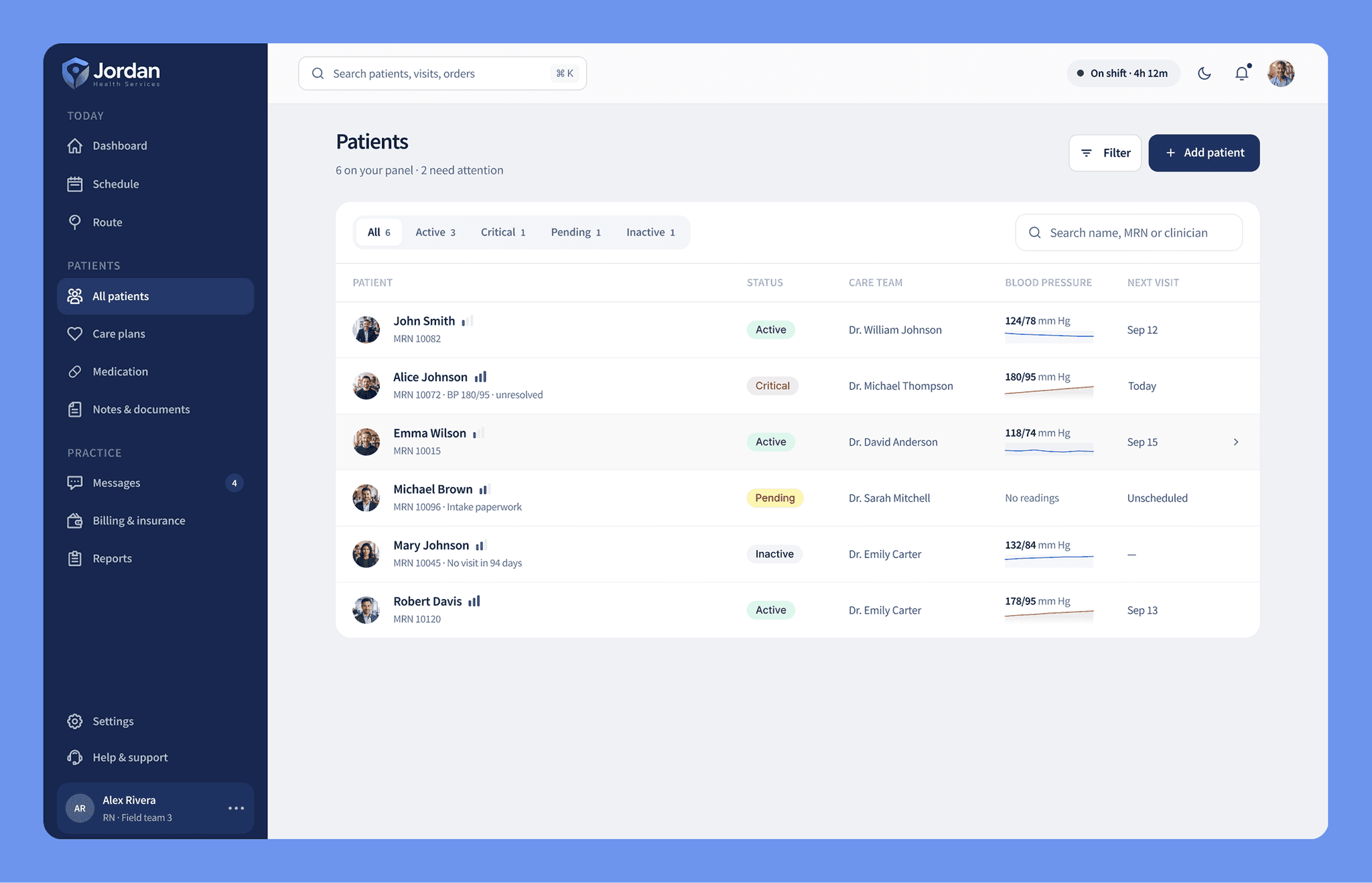 The patients screen with statuses grouped as active, inactive, critical, and pending.