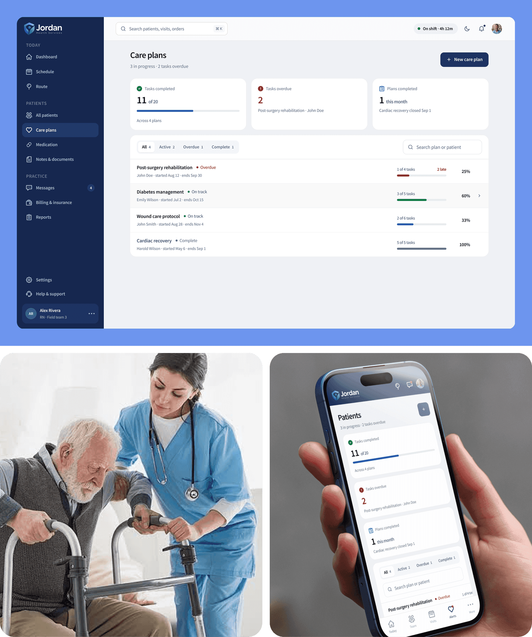 A care plan with goals, treatment timeline, completion, and notes from the last nurse.