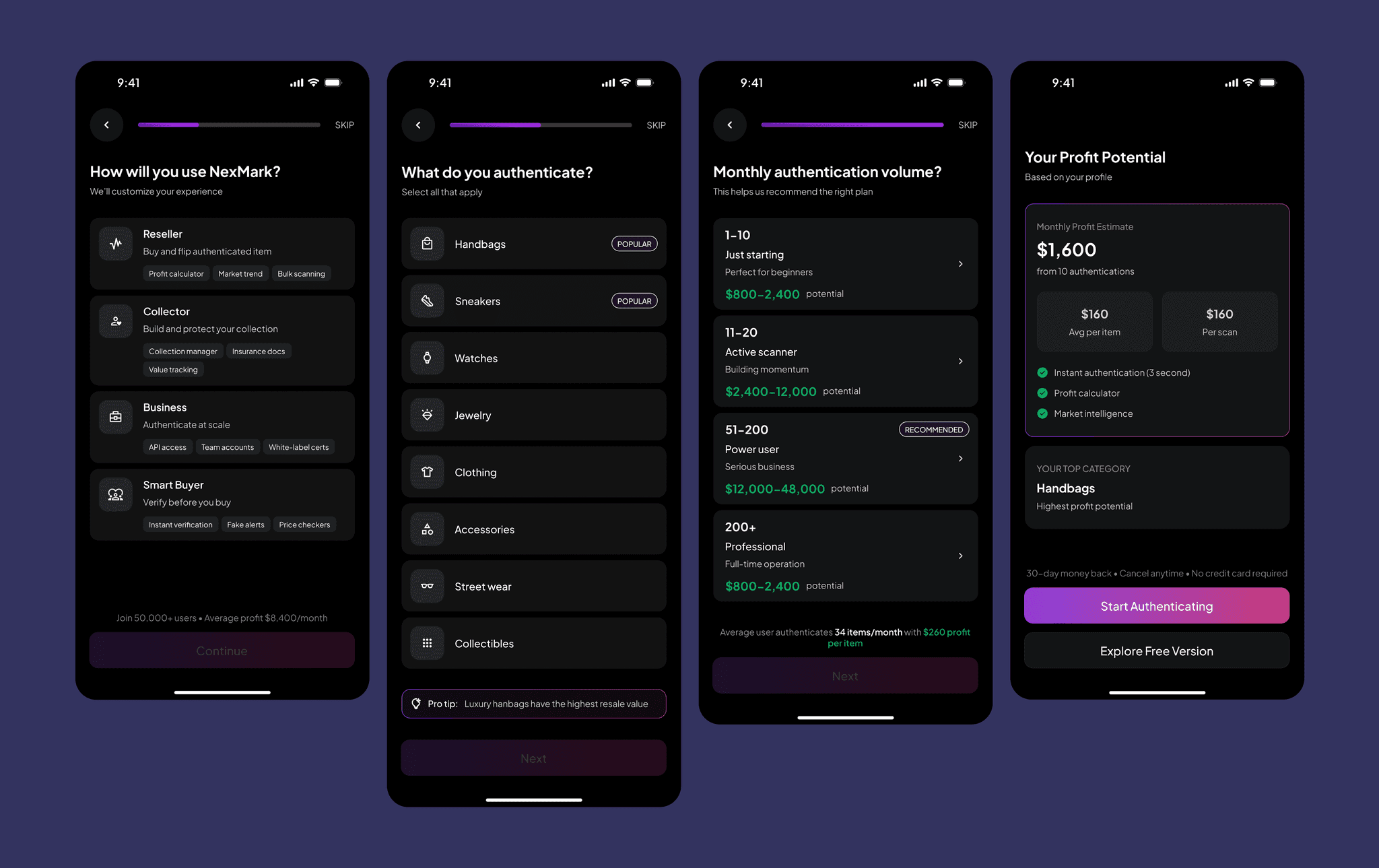 Three-step onboarding screens asking how the app will be used.