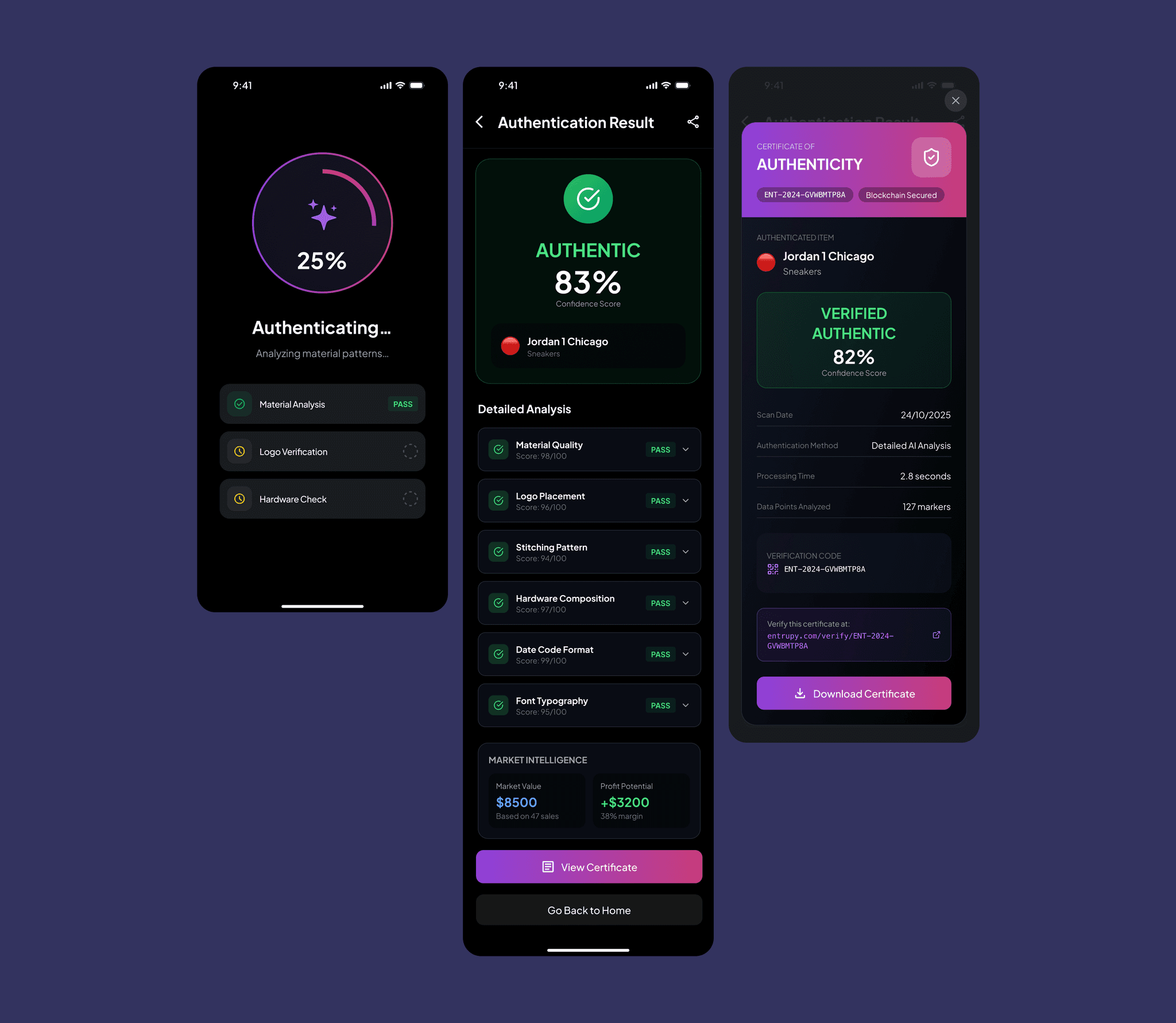 Verification screens with real-time progress, confidence scores, and a certificate.