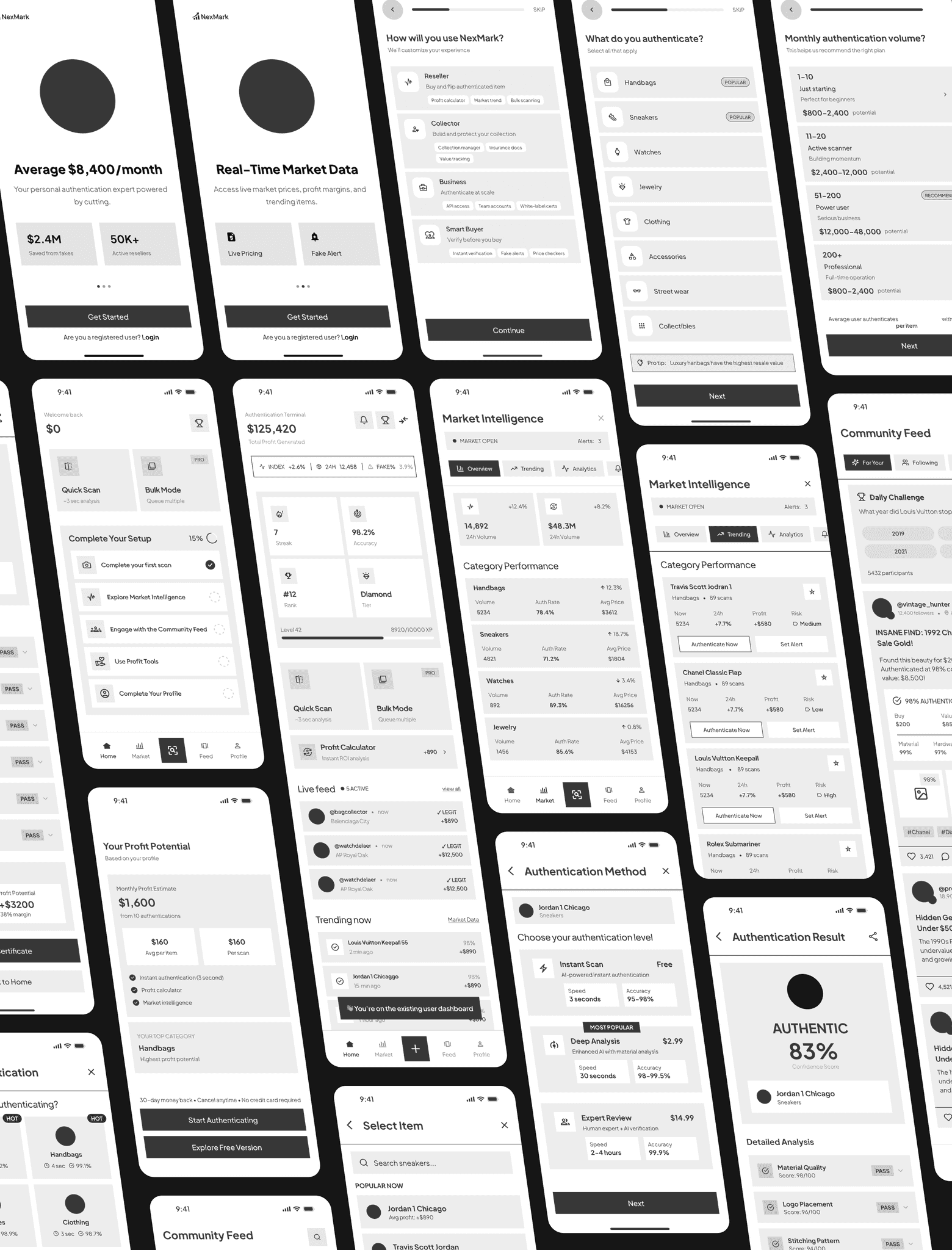 Wireframes for navigation, dashboard metrics, and onboarding.