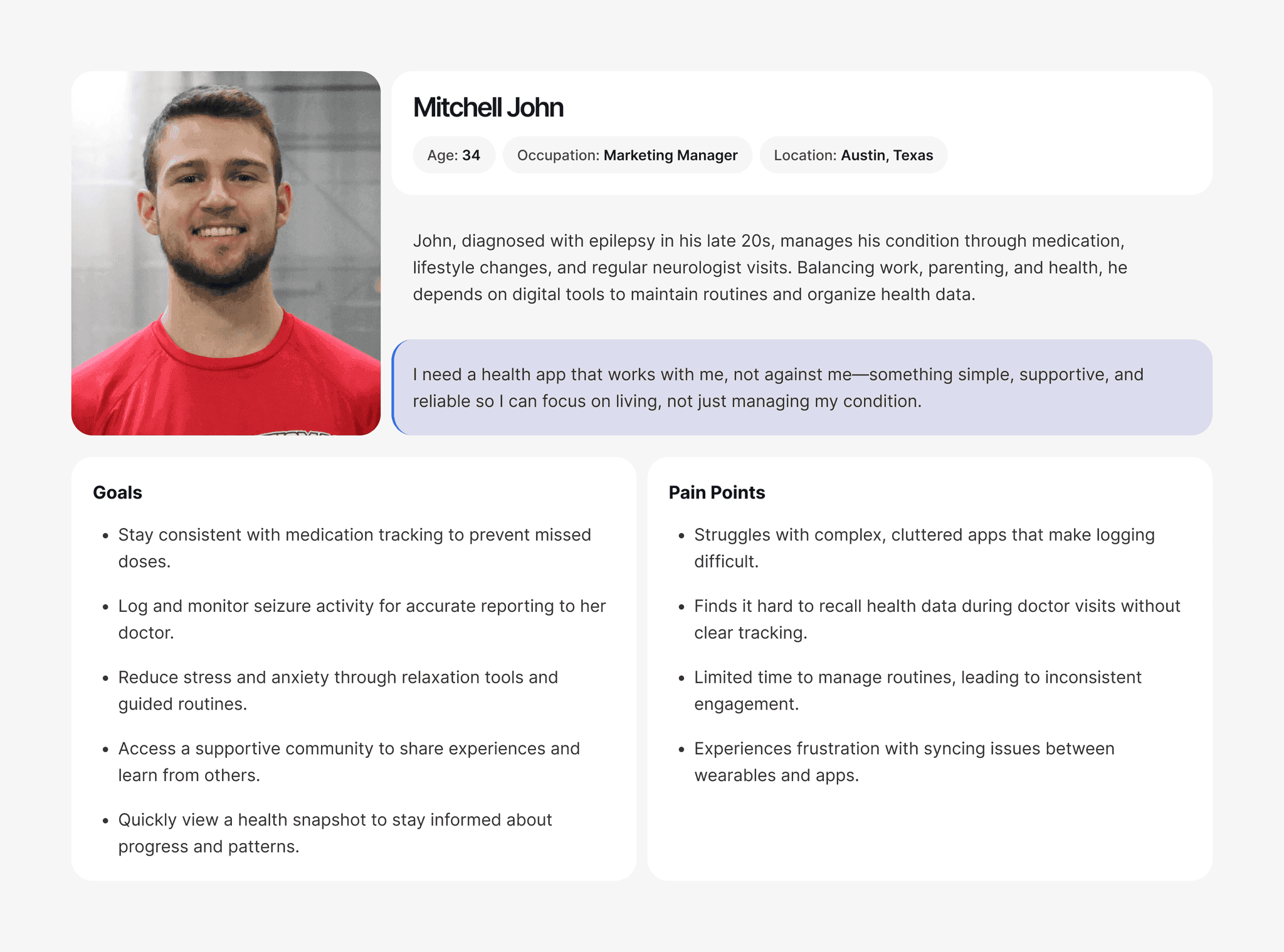 Persona card for Mitchell John, 34, a marketing manager in Austin, Texas, diagnosed with epilepsy in his late 20s, who balances work, parenting and health and relies on digital tools for routines and health data. The card includes a quote asking for a simple, supportive and reliable app, five goals and four pain points.