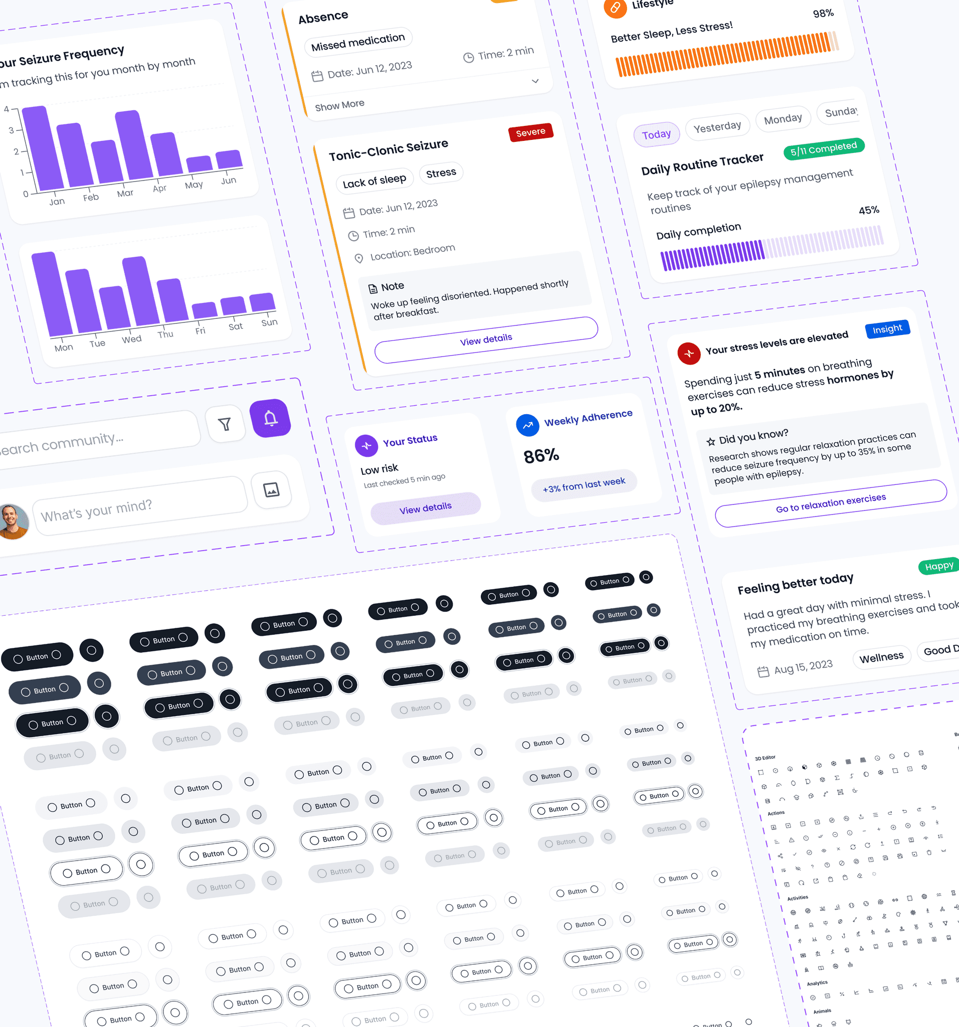 Design system sheet: seizure frequency bar charts, seizure log cards with severity tags, triggers and notes, status and weekly adherence cards, a stress insight card, community search and post fields, a daily routine tracker, journal entry cards with mood tags, button variants across several states, and an icon set.