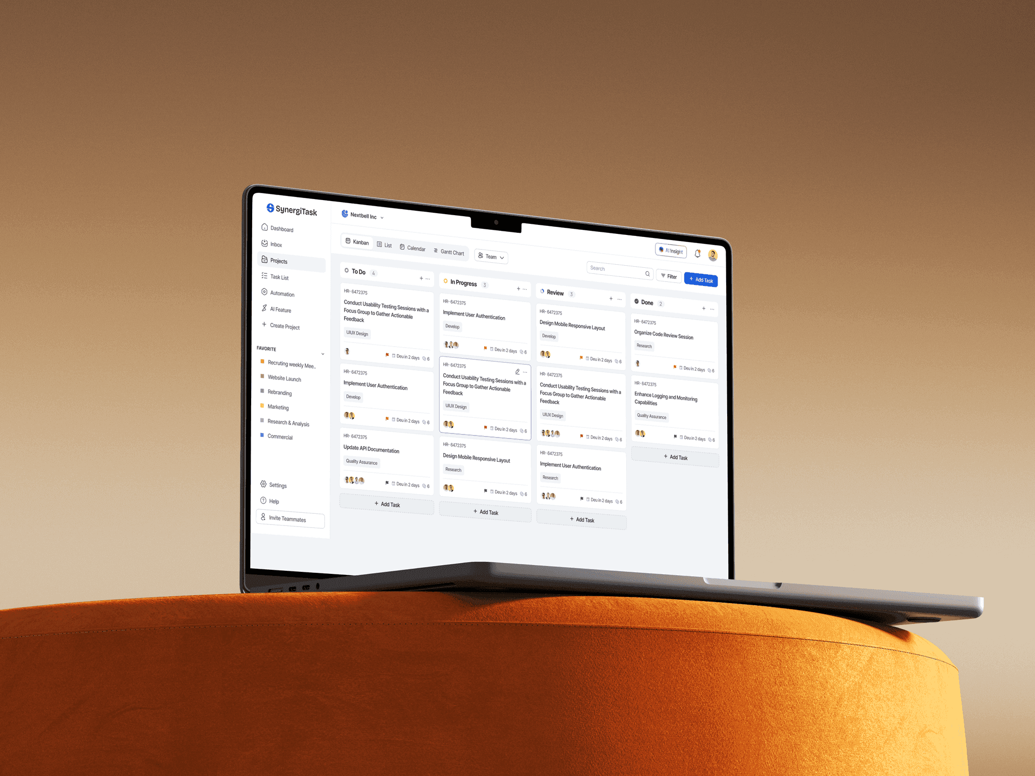 The workspace on a laptop, showing the full Kanban board.