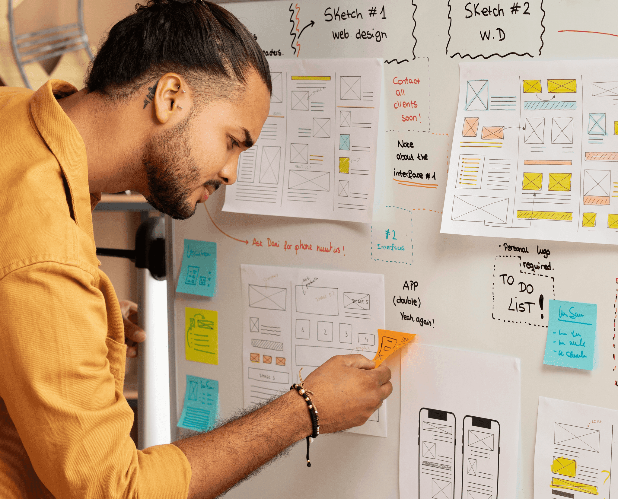 A designer sketching ideas on a wall.