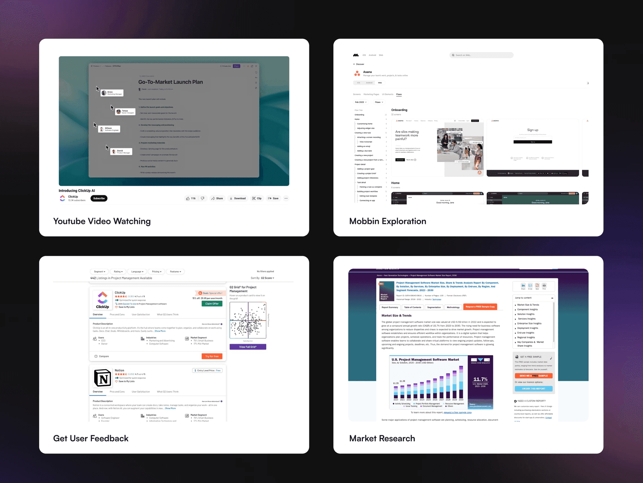 Research methods: watching product videos, exploring patterns, reading user feedback, and market research.