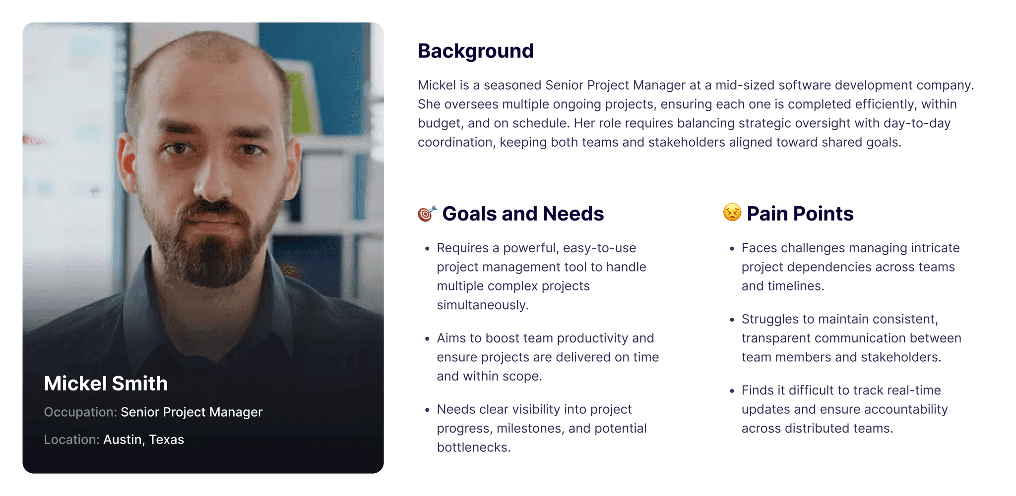 Persona card for Mickel Smith, a Senior Project Manager in Austin, Texas, at a mid-sized software company. Goals and needs: an easy-to-use tool for running several complex projects at once, on-time delivery within scope, and clear visibility into progress, milestones and bottlenecks. Pain points: managing dependencies across teams and timelines, keeping communication consistent and transparent, and tracking real-time updates and accountability across distributed teams.