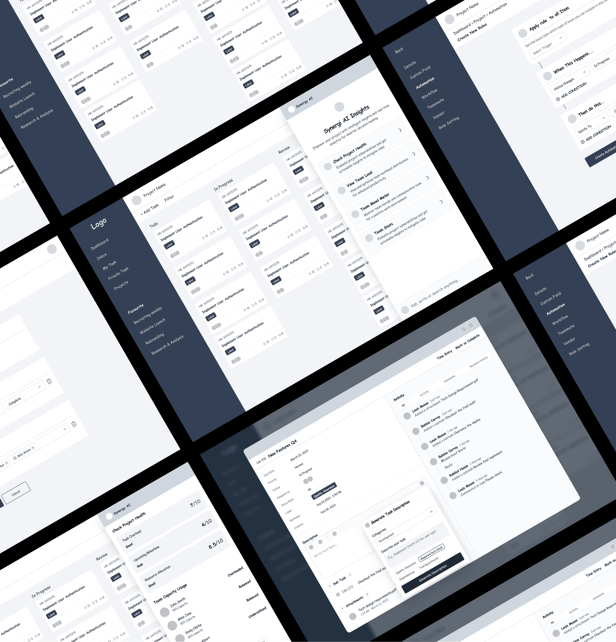 Tilted grid of grayscale wireframes: a Kanban board with To Do, In Progress and Review columns, an AI insights side panel listing Check Project Health, View Team Load, Team Mood Meter and Team Stats, a project health panel with scores and team capacity, an automation rule builder, and a task detail view with an activity feed and a generate-description helper.