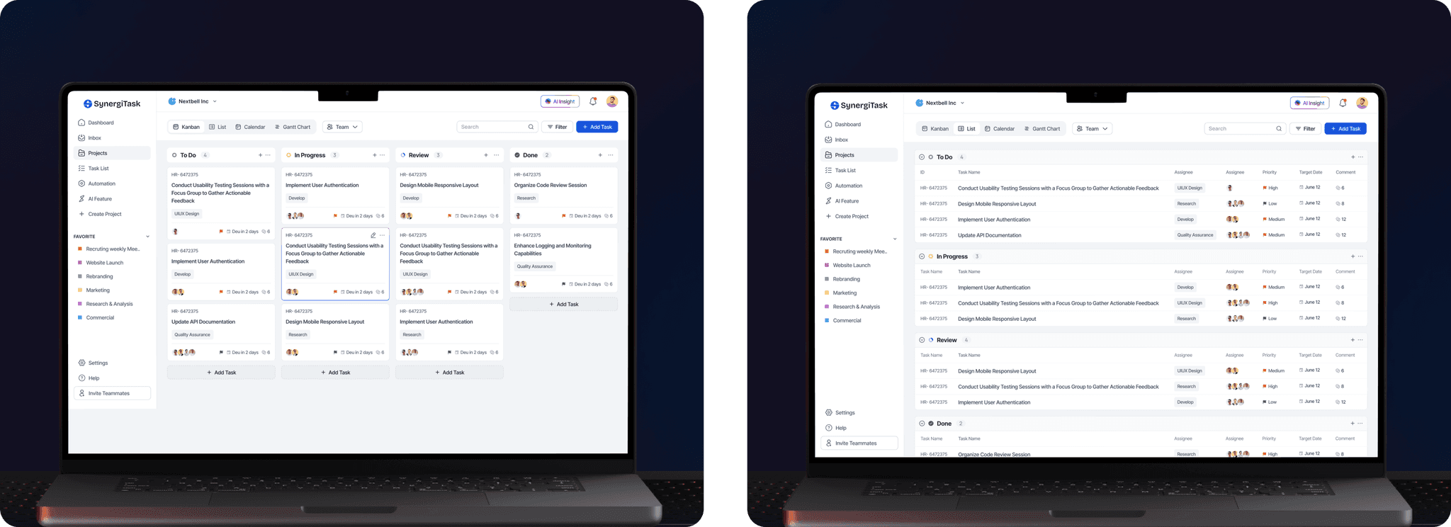 Kanban and list views with AI insights.