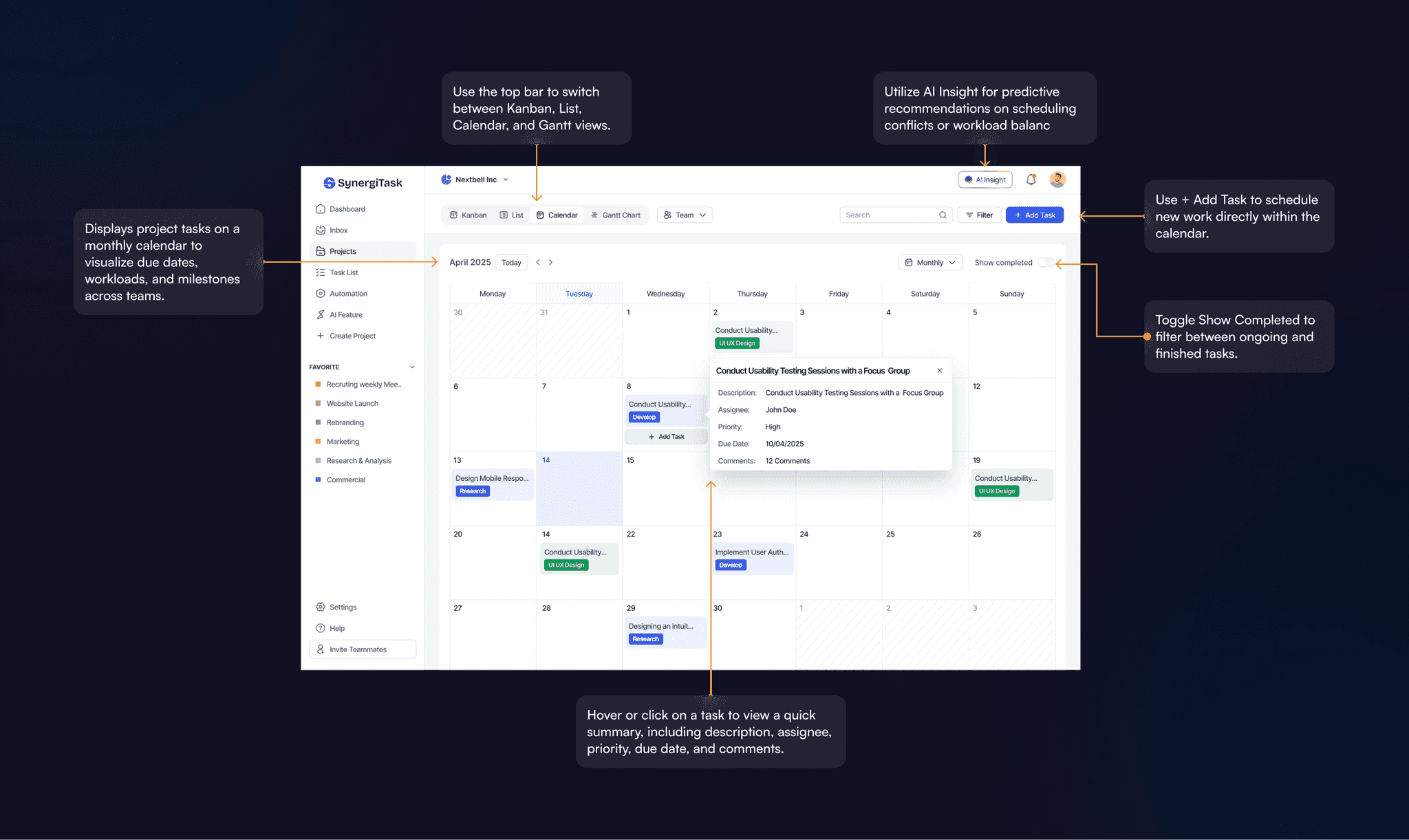 The annotated calendar with hover summaries and AI scheduling insights.