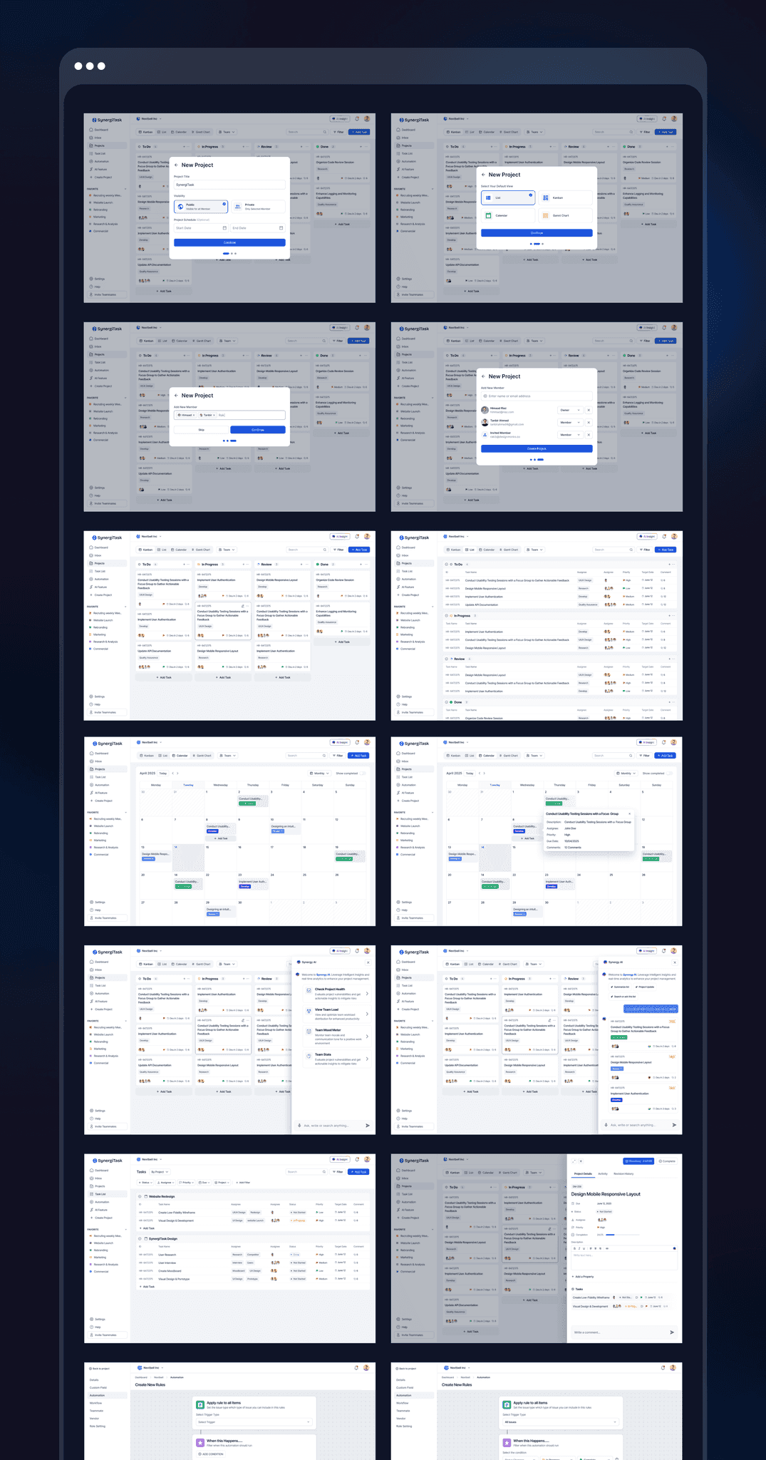 A grid of calendar screens and flows.